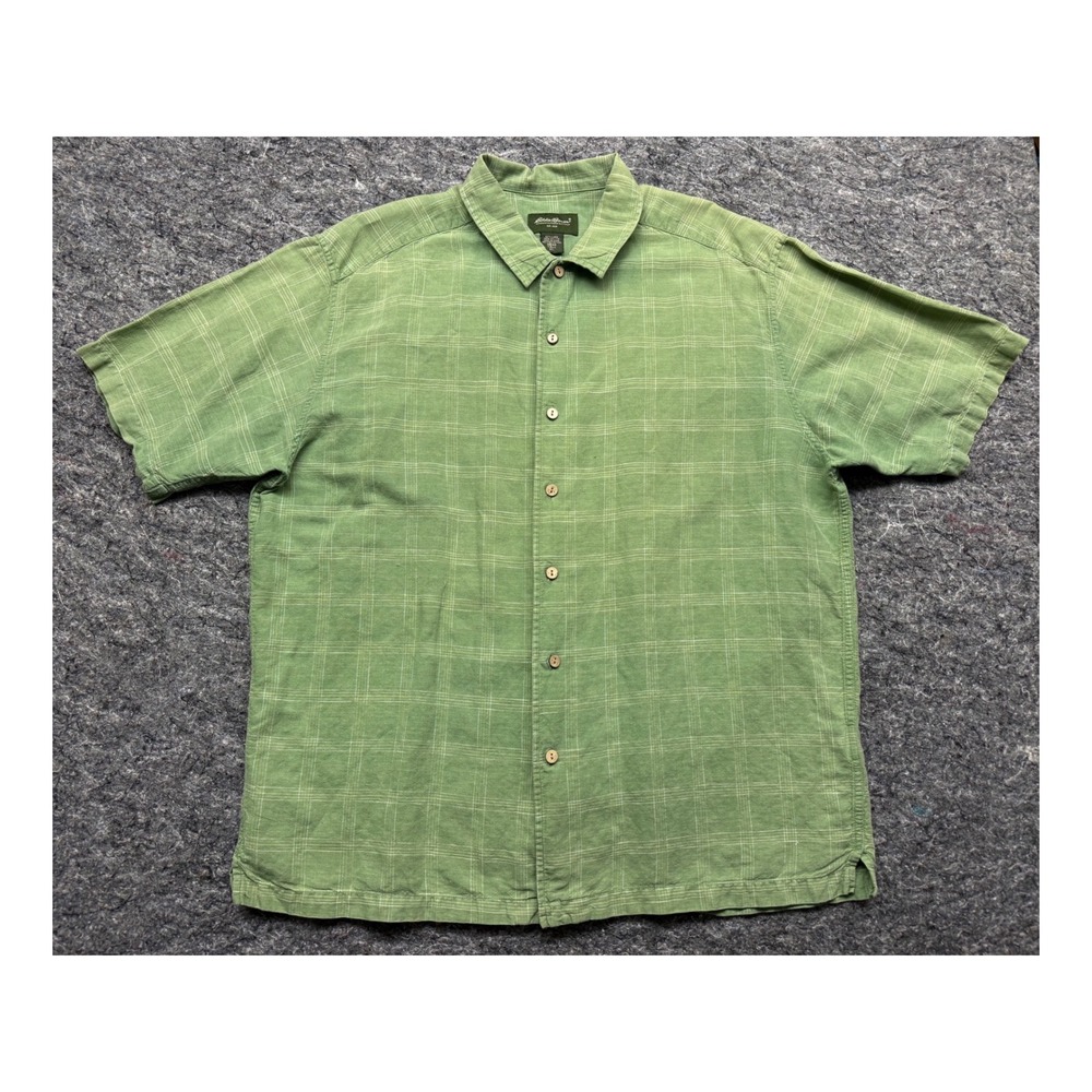 Eddie Bauer Mens XL Tall Linen Cotton Shirt Green Windowpane Plaid Short Sleeve